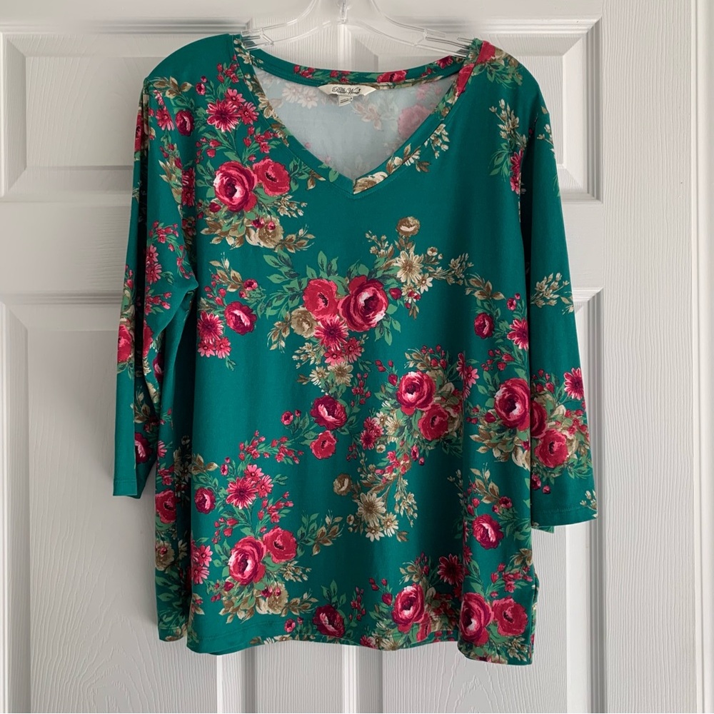 The‎ Pioneer Woman Green Floral V-Neck Long Sleeve Top Large Stretch Lightweight